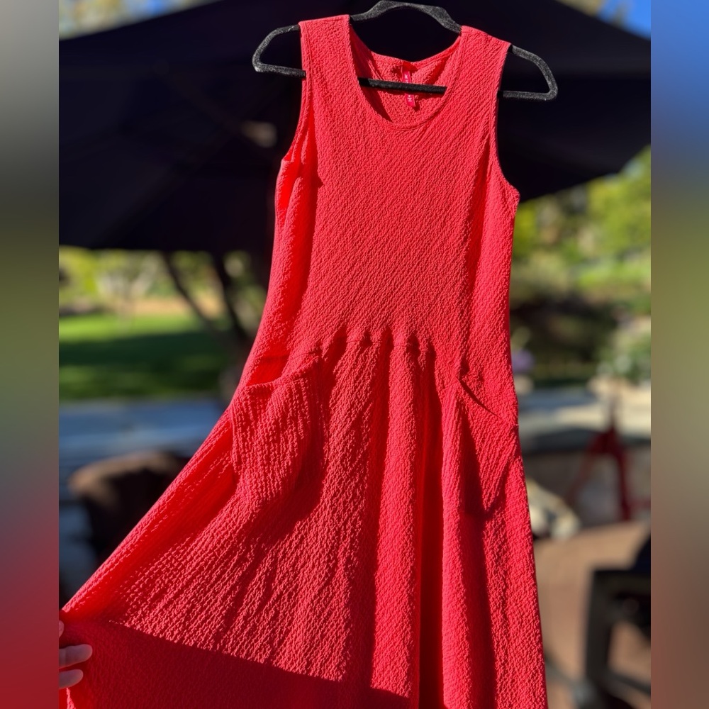 Vibrant Red/Orange Sleeveless Midi Dress, IC by Connie K Stretchy Crepe, M - Picture 10 of 10